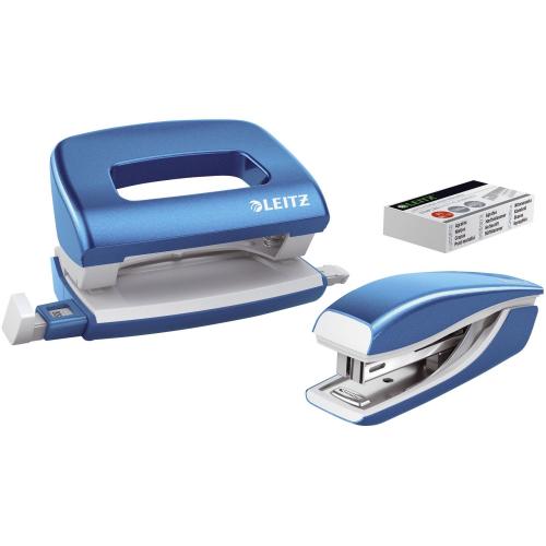 LEITZ Heftgerät- & Locher-Set Mini Nexxt WOW, blau-metallic